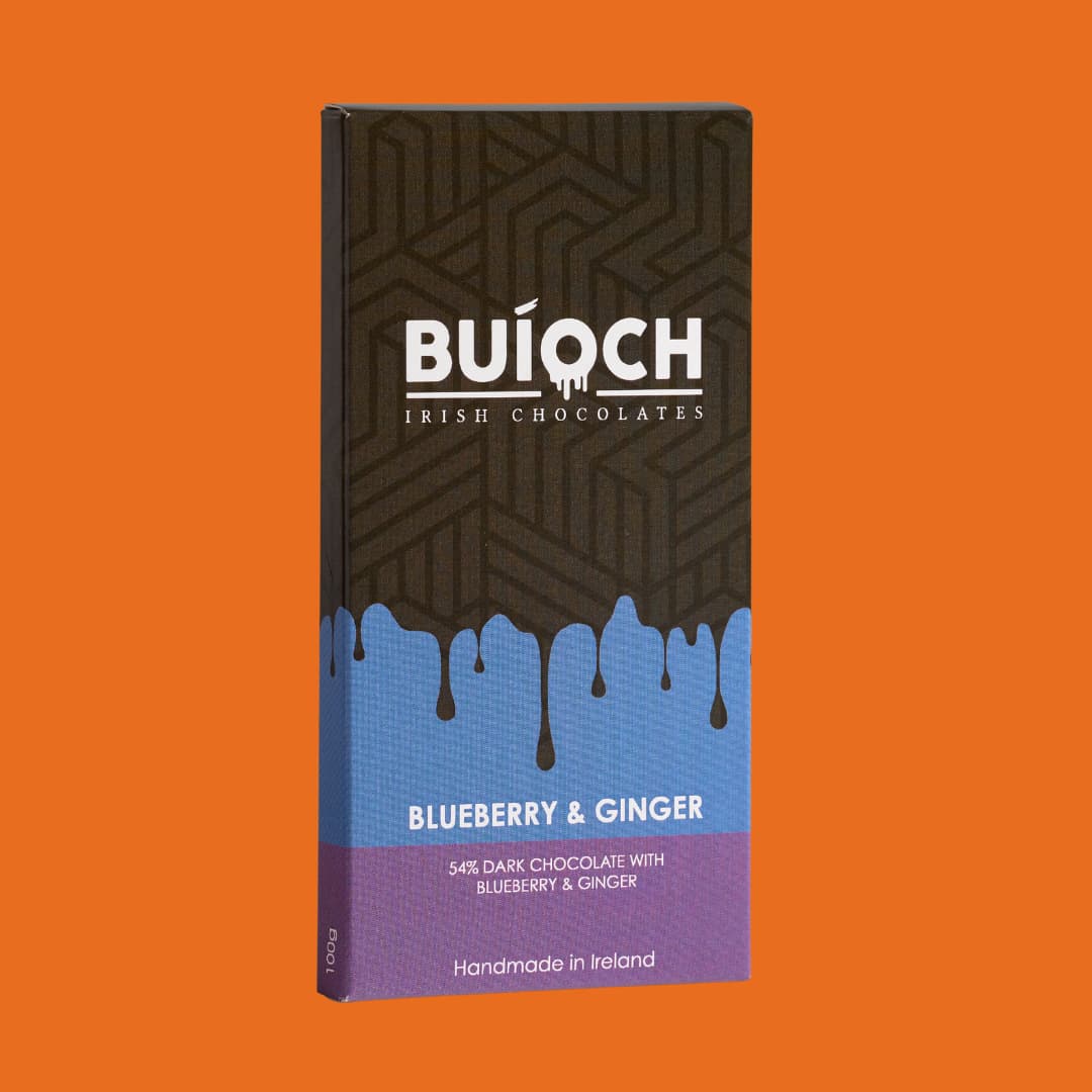 Blueberry and Ginger Bar - 54% dark chocolate with blueberries and ginger. Handmade by Buíoch Irish Chocolates. Packaging on an orange background.