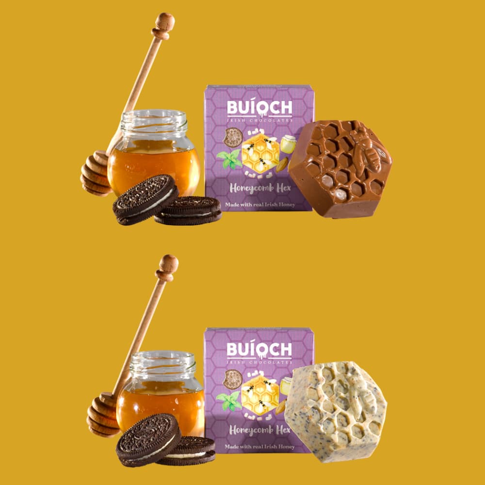 Milk Chocolate and White Chocolate Cookies & Cream Honeycomb Hex - Chocolate Hex, ingredients and packaging on a gold background. Handmade by Buíoch Irish Chocolates.