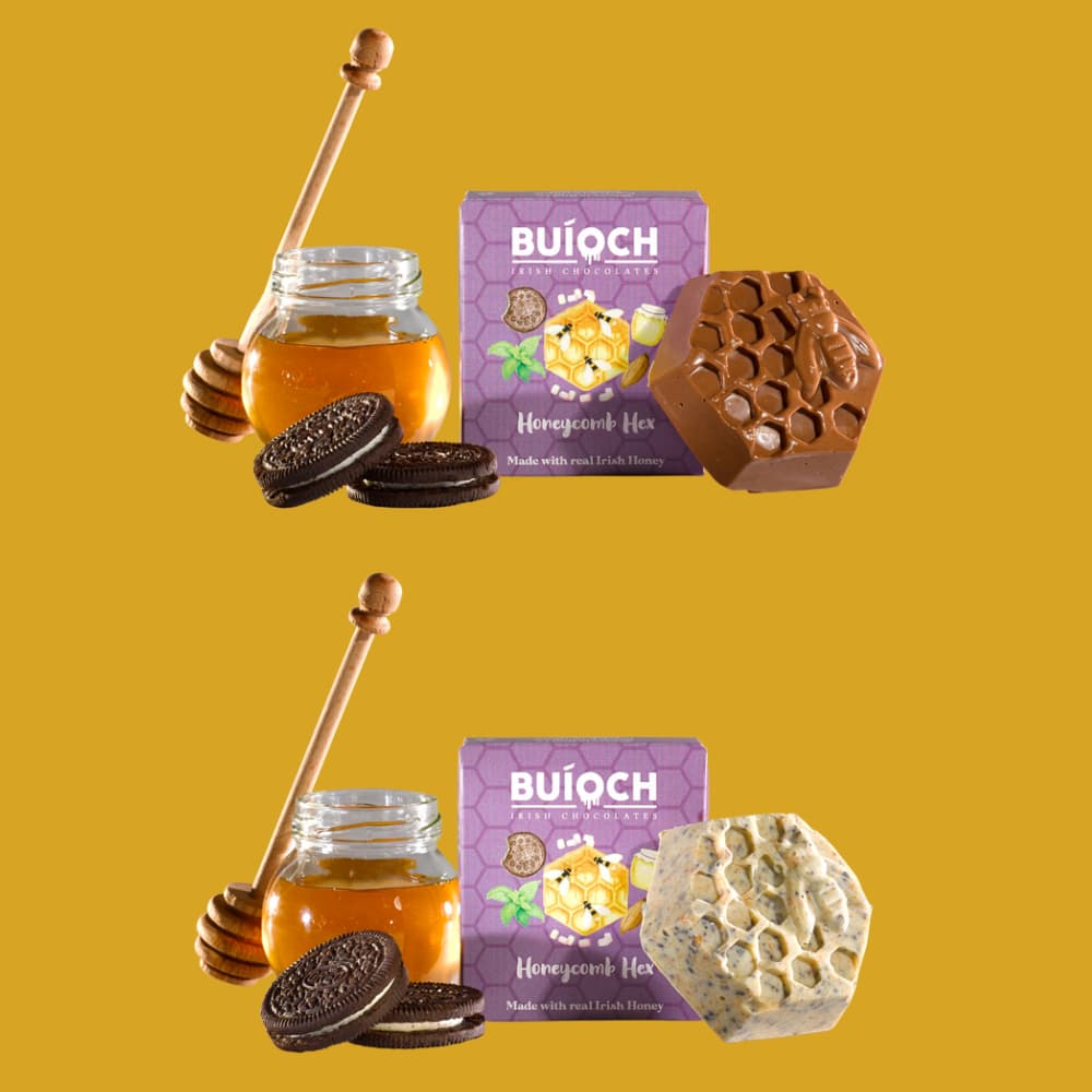 
                  
                    Milk Chocolate and White Chocolate Cookies & Cream Honeycomb Hex - Chocolate Hex, ingredients and packaging on a gold background. Handmade by Buíoch Irish Chocolates.
                  
                