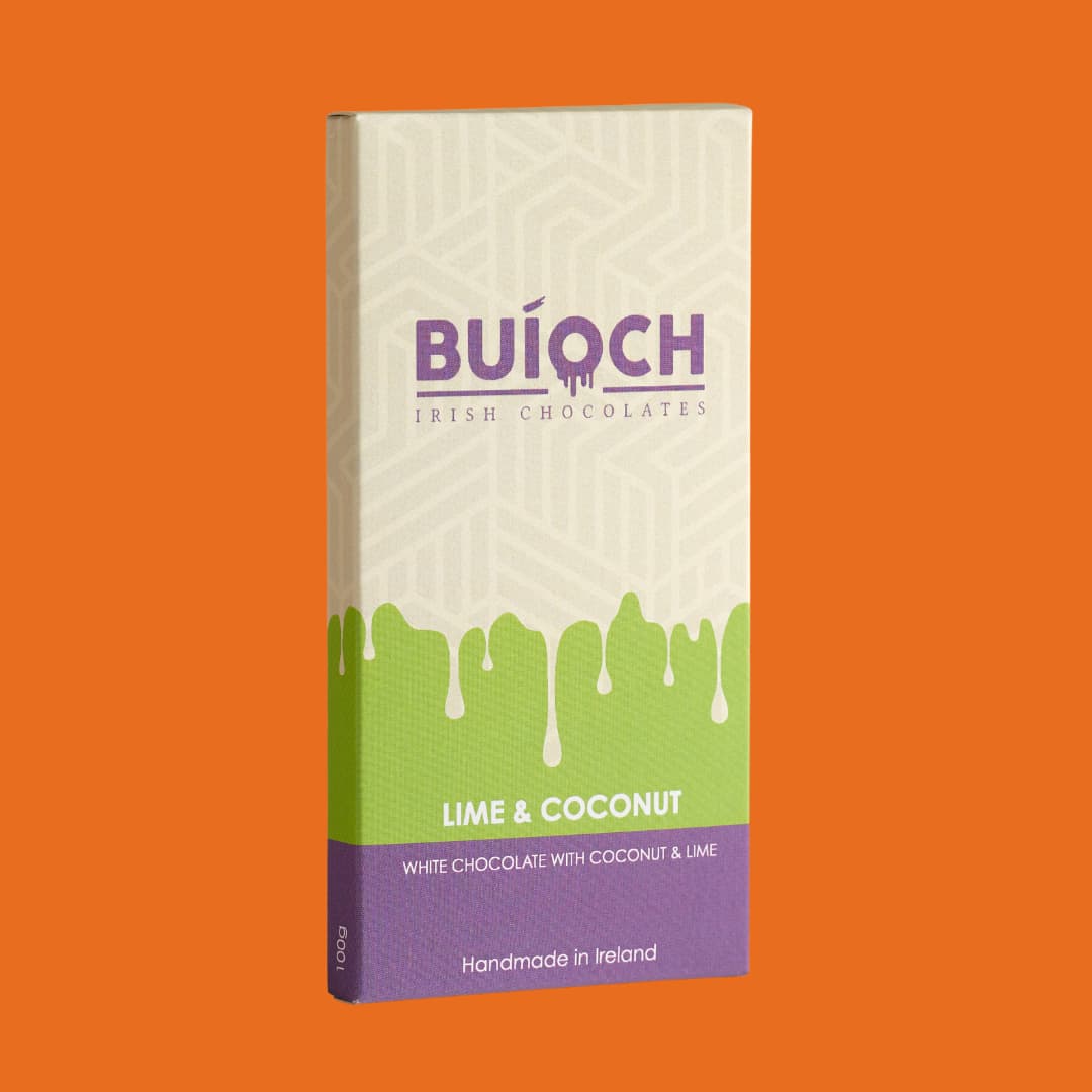 Lime and Coconut Bar - White chocolate with coconut and lime. Handmade by Buíoch Irish Chocolates. Packaging on an orange background.