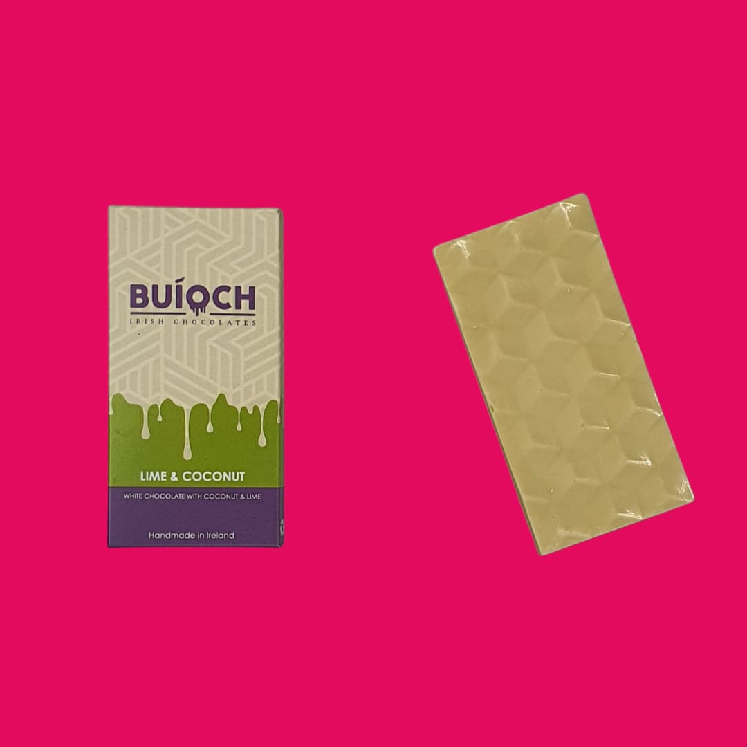 Lime and Coconut Bar - White chocolate with coconut and lime. Handmade by Buíoch Irish Chocolates. Packaging and bar on a pink background.