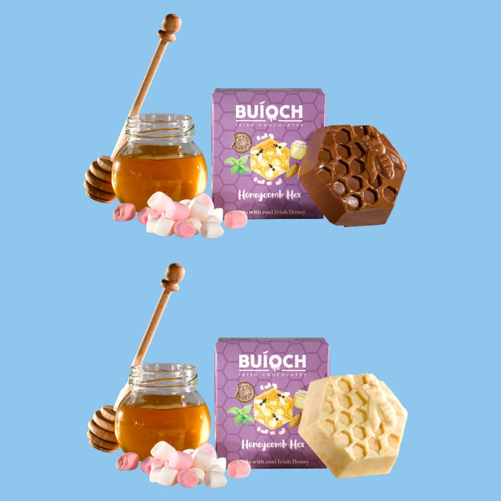 Milk Chocolate and White Chocolate Marshmallow Honeycomb Hex - Chocolate Hex, ingredients and packaging on a blue background. Handmade by Buíoch Irish Chocolates.