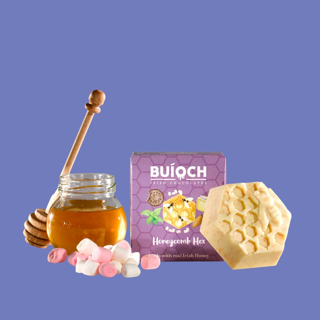 White Chocolate Marshmallow Honeycomb Hex - Chocolate Hex, ingredients and packaging on a blue background. Handamde by Buíoch Irish Chocolates.