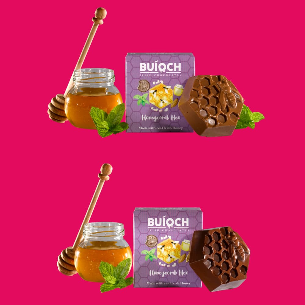 Milk Chocolate and Dark Chocolate Mint Honeycomb Hex - Chocolate Hex, ingredients and packaging on a pink background. Handmade by Buíoch Irish Chocolates.