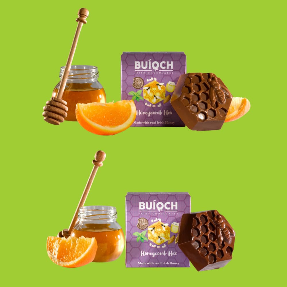Milk Chocolate and Dark Chocolate Orange Honeycomb Hex - Chocolate Hex, ingredients and packaging on a lime green background. Handmade by Buíoch Irish Chocolates.