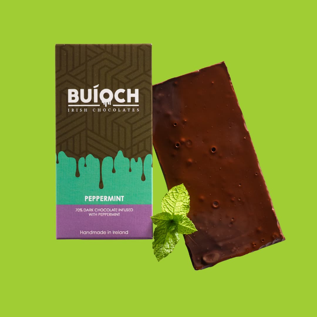 Peppermint Bar - 70% dark chocolate infused with peppermint. Handmade by Buíoch Irish Chocolates. Packaging and bar on a lime green background.