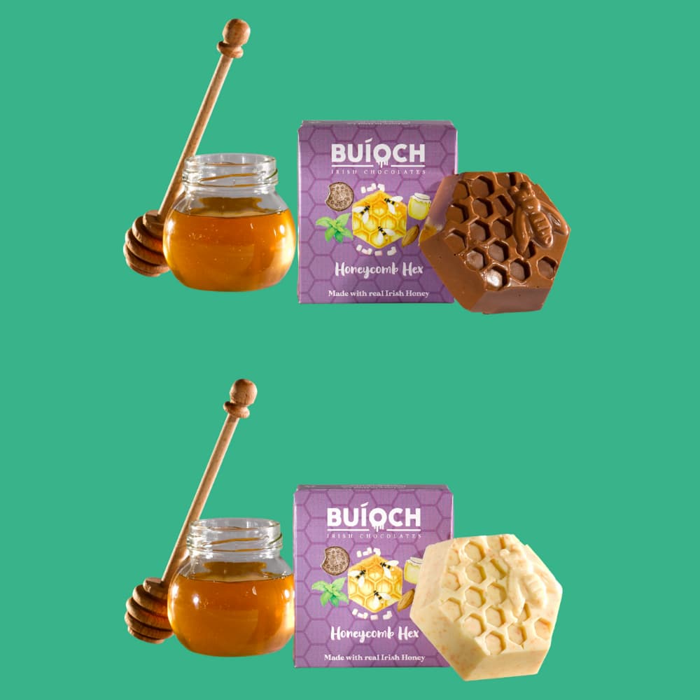 Milk Chocolate and White Chocolate Honeycomb Hex - Chocolate Hex, ingredients and packaging on a mint green background. Handmade by Buíoch Irish Chocolates.