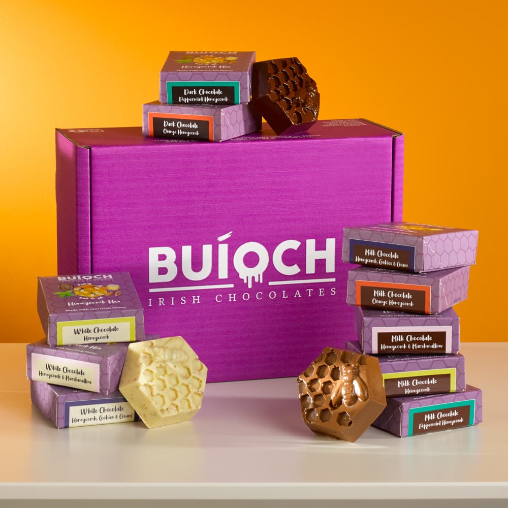 The Beehive bundle includes 10 flavours of honeycomb hexes. Handamde by Buíoch Irish Chocolates. Chocolates Inspired By You!