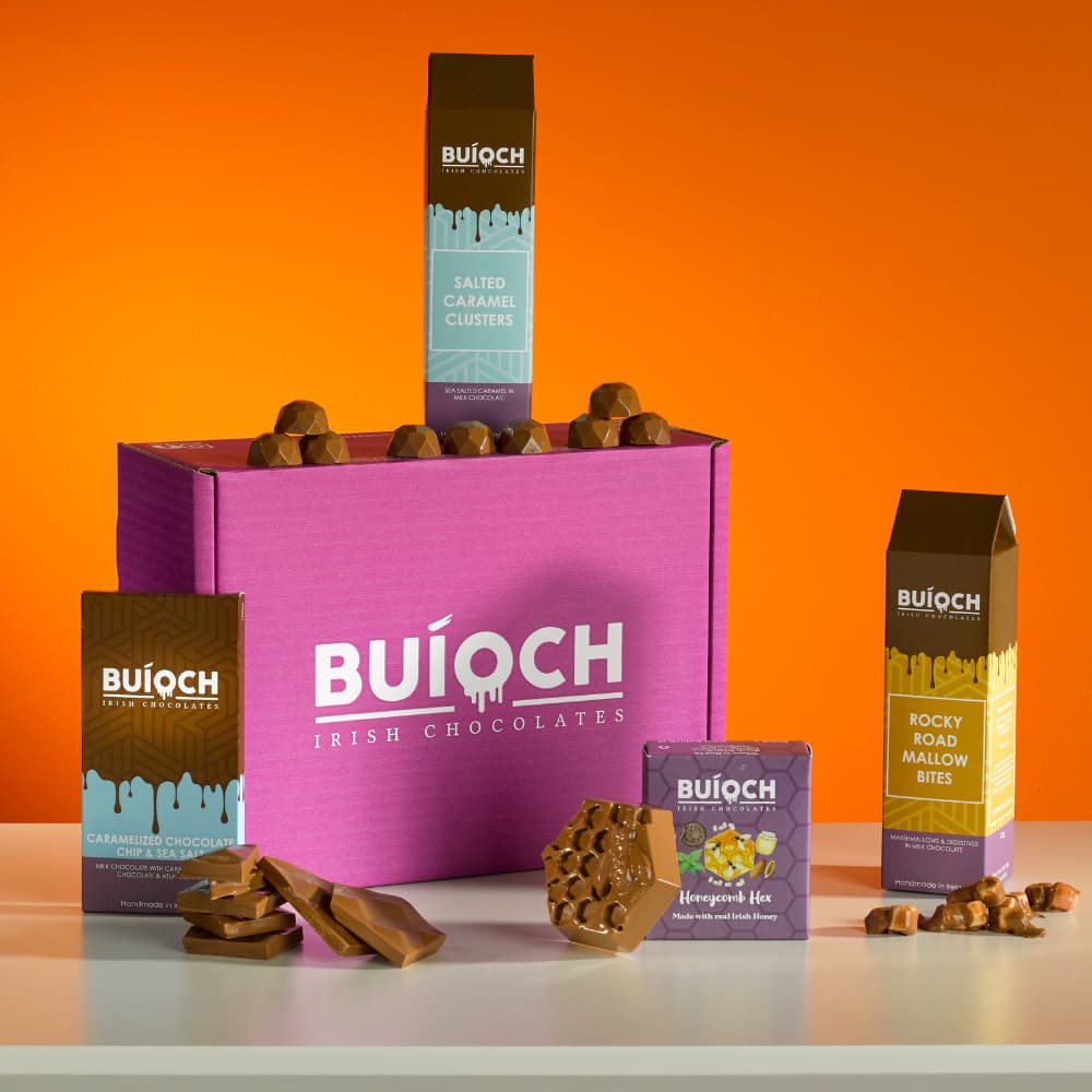 Buioch Irish Chocolates The Favourites Chocolate Gift Bundle. Includes our handmade Salted Caramel Clusters, Rocky Road Mallow Bites, Caramelised chocolate chip and Sea Salt Bar and our Milk Chocolate Honeycomb Hex.