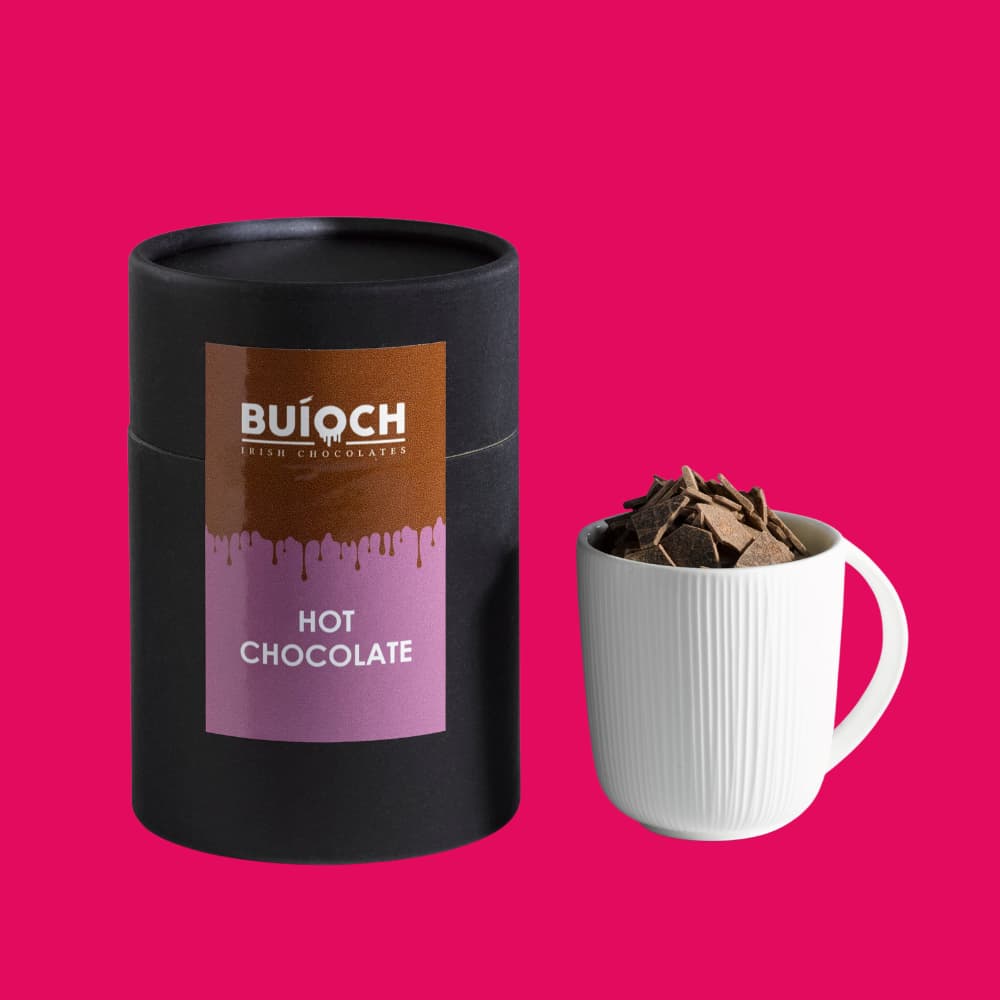 Buioch Hot Chocolate on Pink Background, Handmade by Buioch Irish Chocolates