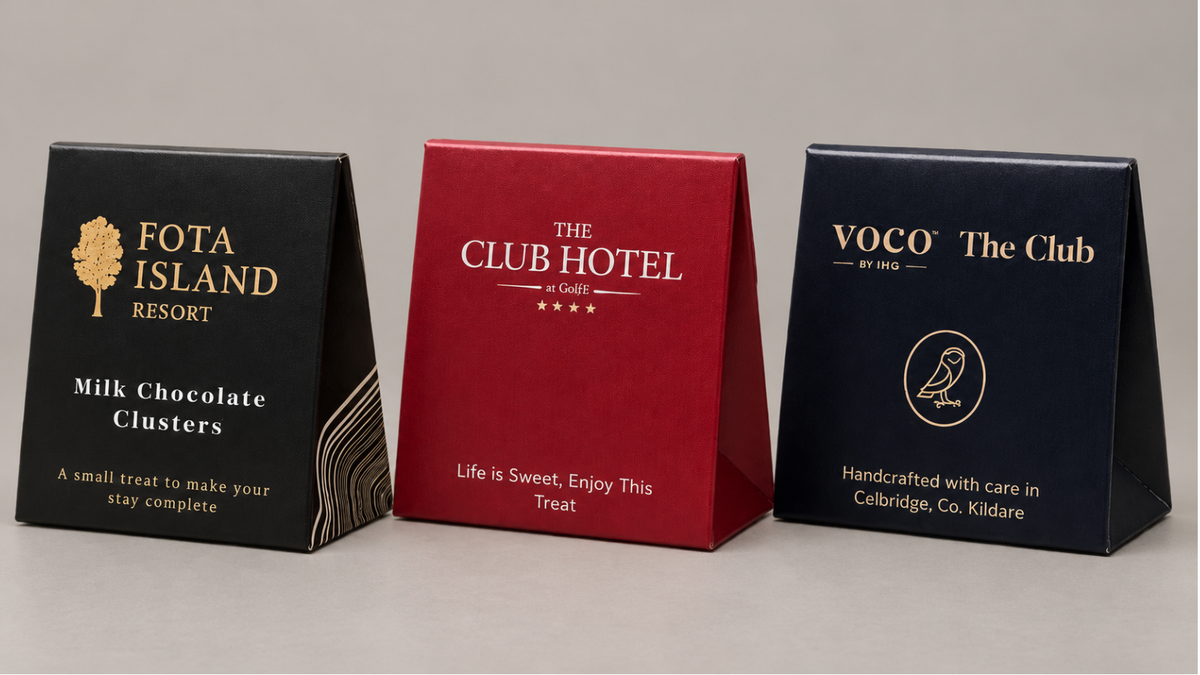 Chocolate pouches branded for Fota Island Resort, The Club Hotel and voco The Club