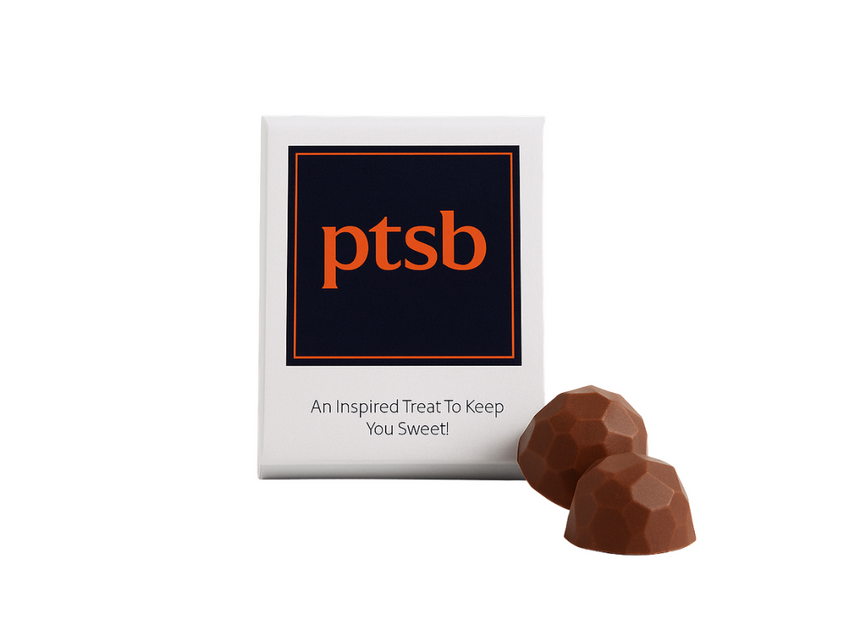PTSB-branded chocolate favour pouch beside two milk chocolates