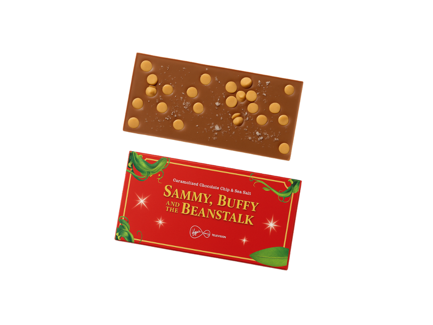 Chocolate bar with caramelised chocolate chips beside custom Sammy, Buffy and the Beanstalk packaging