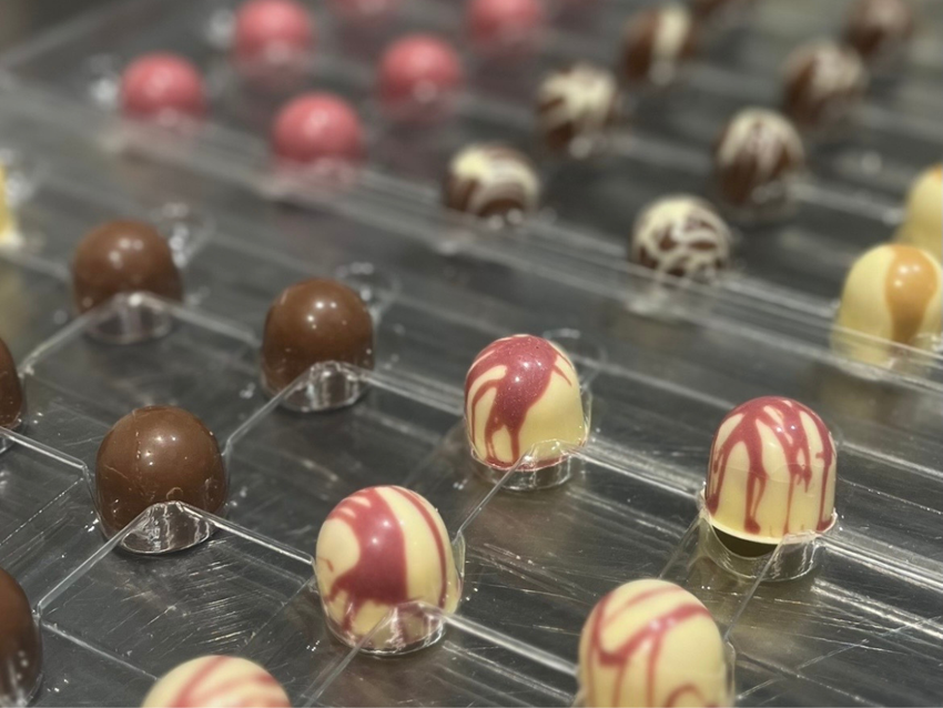 Assorted decorated chocolate bonbons arranged on clear moulds