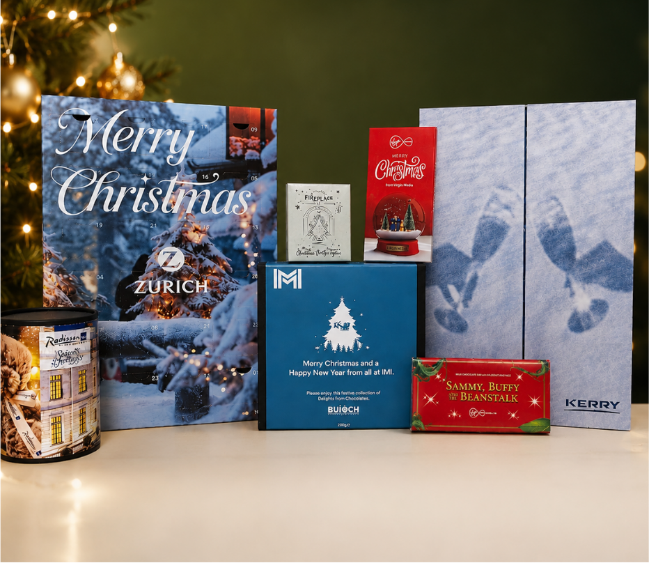 Selection of Christmas chocolate packaging customised for corporate clients