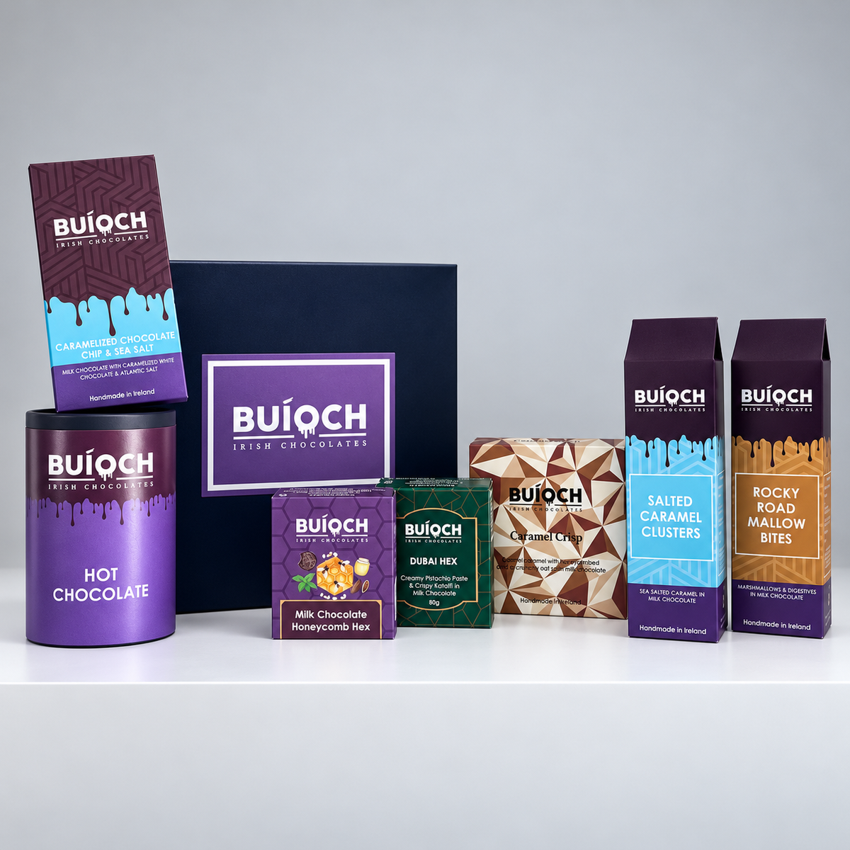 Buíoch chocolate gift collection including bars, treat cartons, hot chocolate and a black gift box
