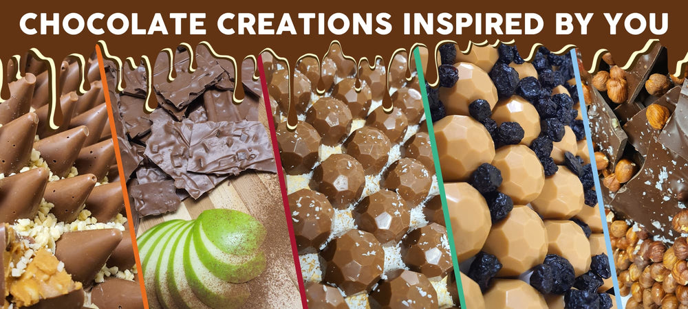A selection of Buioch Inspired Chocolate Creations. Chocolates Inspired By you with chocolate drips on top. Buioch Irish Chocolates