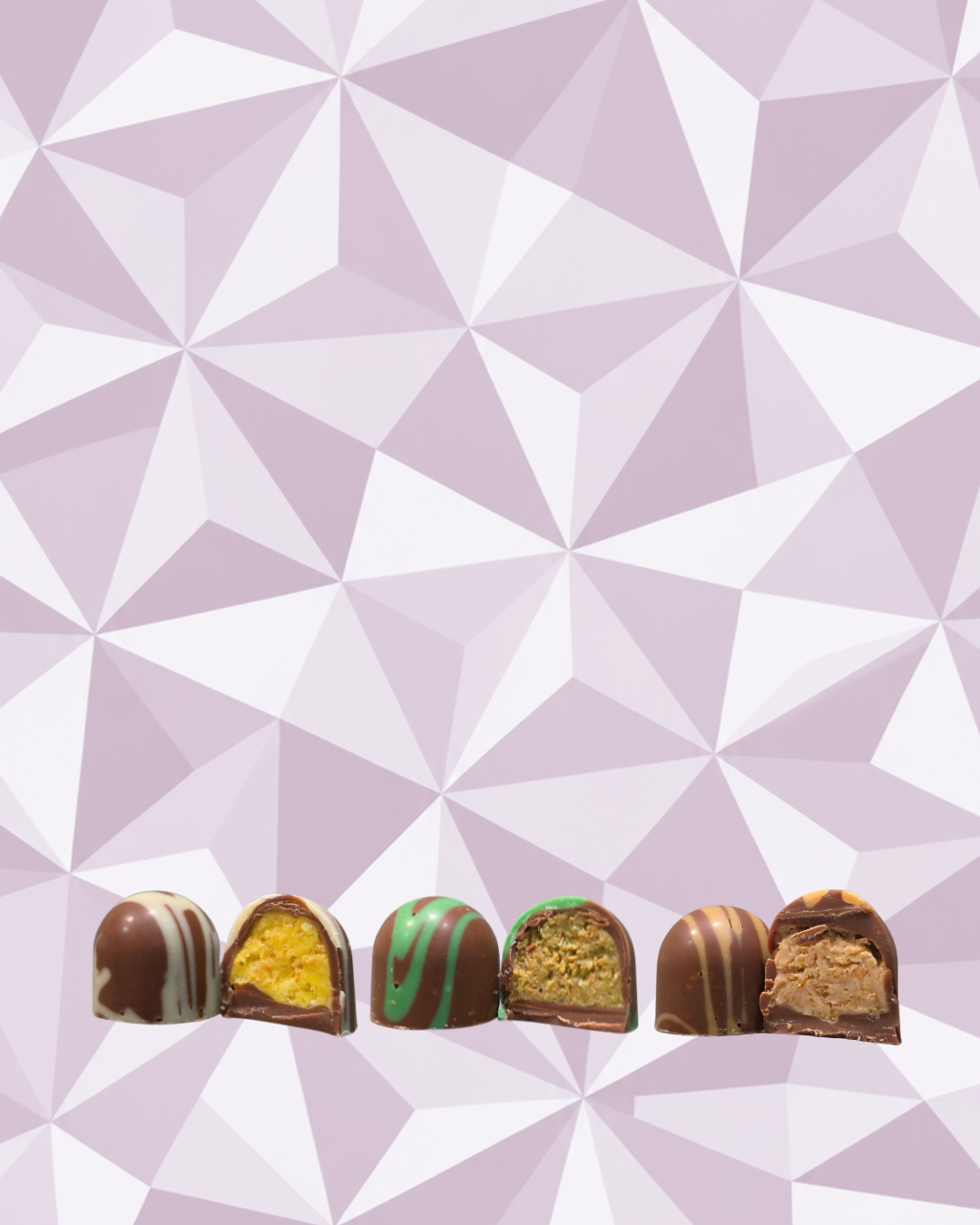 Assorted filled chocolates against a pale purple geometric background