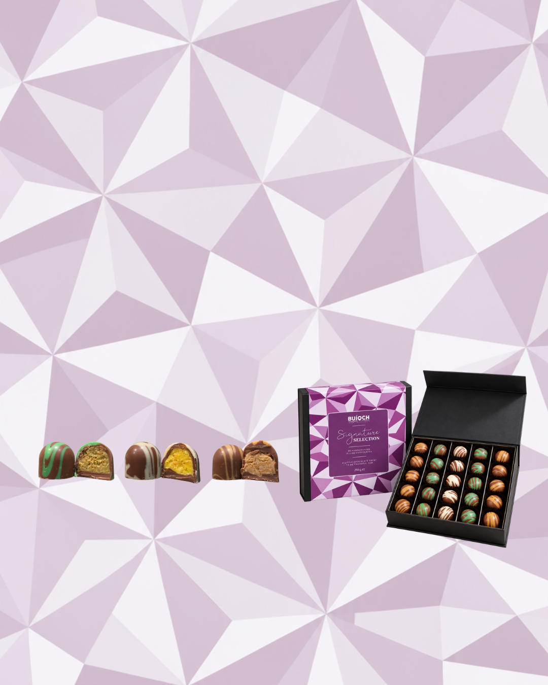 Assorted filled chocolates, a purple gift bag and an open chocolate box against a pale purple geometric background