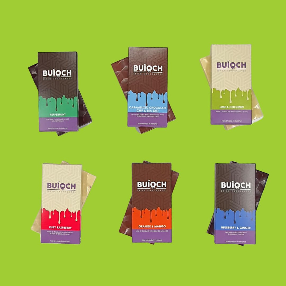 
                  
                    The Box O'Bars, six handmad Buíoch Irish chocolate bars all against a lime green background.
                  
                