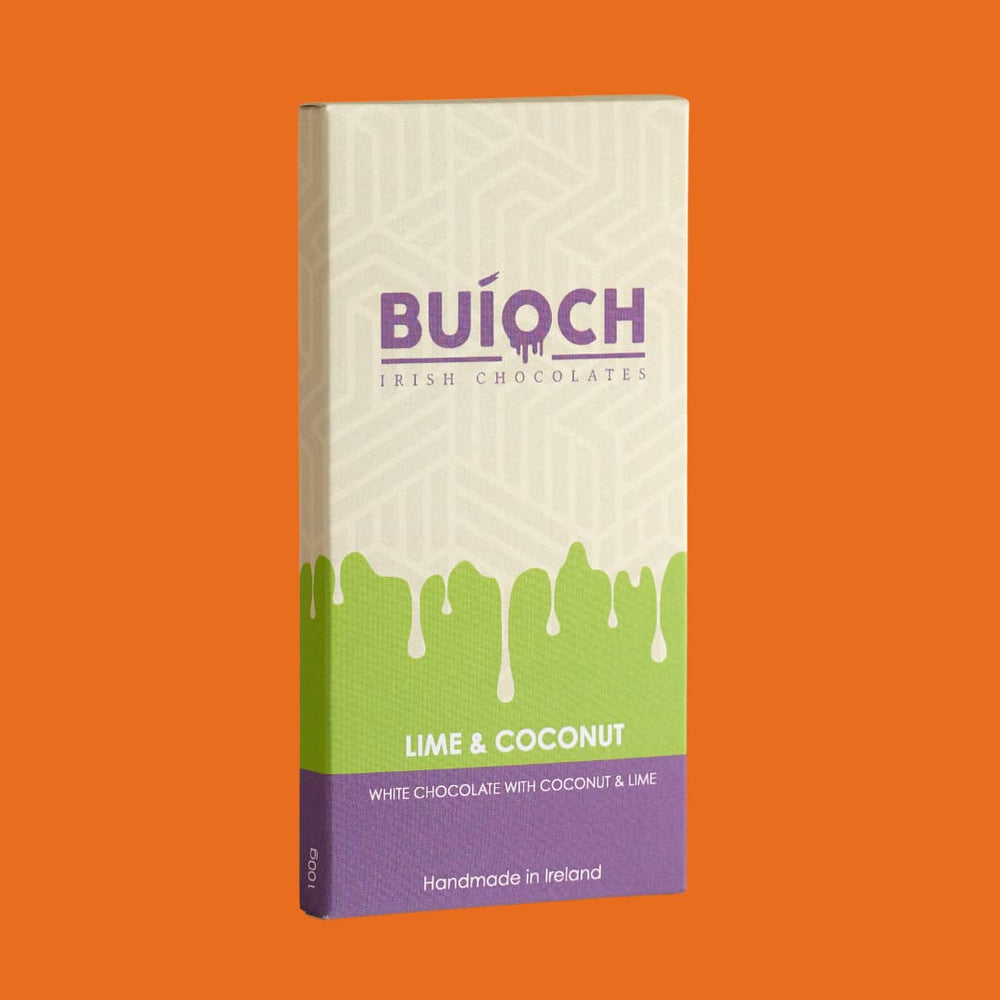 
                  
                    Lime and Coconut Bar - White chocolate with coconut and lime. Handmade by Buíoch Irish Chocolates. Packaging on an orange background.
                  
                