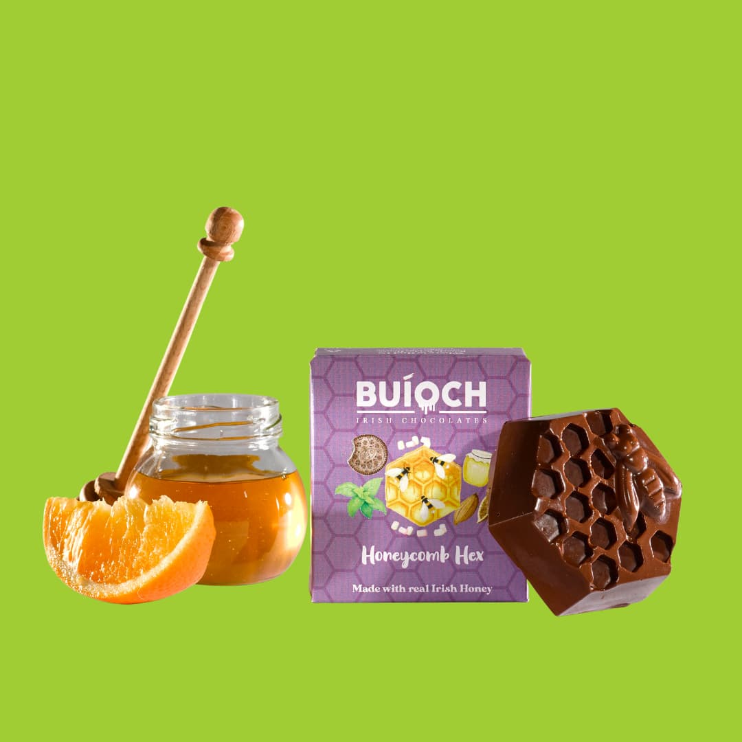 Dark Chocolate Orange Honeycomb Hex - Chocolate Hex, ingredients and packaging on a lime green background. Handmade by Buíoch Irish Chocolates.