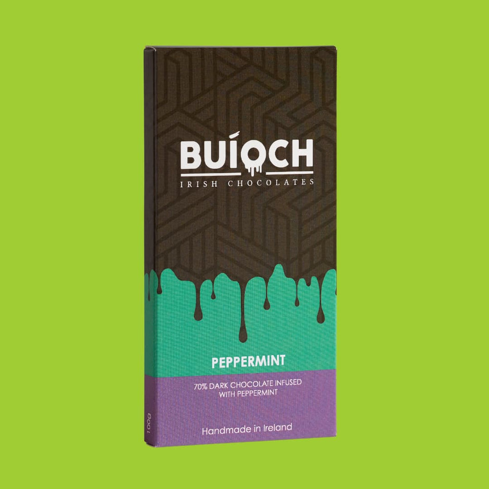 
                  
                    Peppermint Bar - 70% dark chocolate infused with peppermint. Handmade by Buíoch Irish Chocolates. Packaging on a lime green background.
                  
                