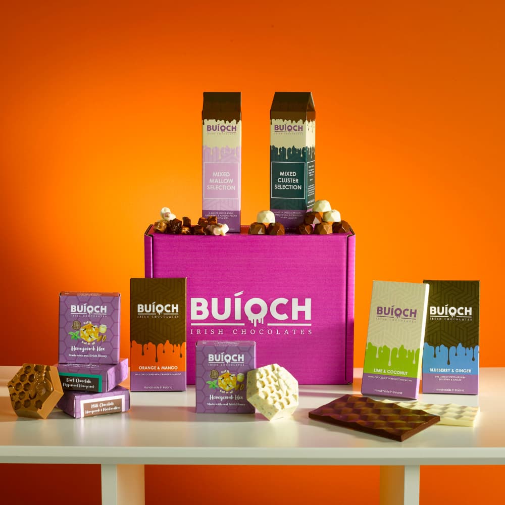 Buioch Irish Chocolate The Sampler Gift Bundle. A variety box containing 13 different flavours of chocolates